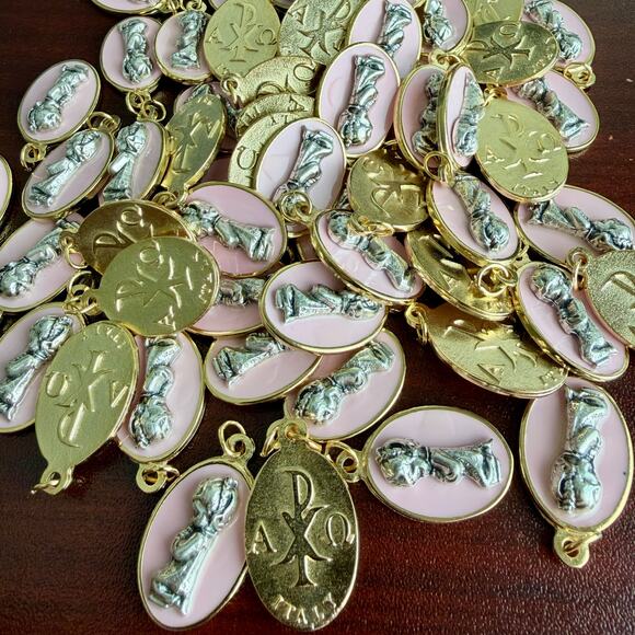 Autom Jewelry - 60 Charms, Pink Girl Two-Tone Communion Medals, Made in Italy,  Size 1"